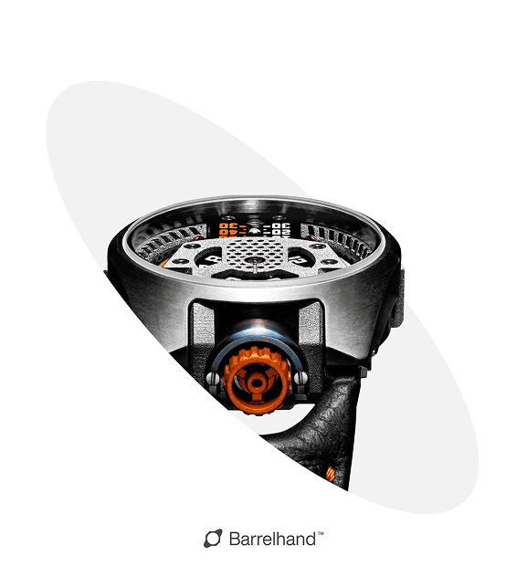 Close-up of the Barrelhand watch face with an orange crown.