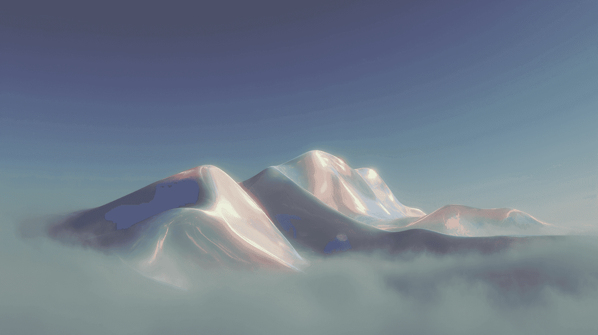 Iridescent glass-like mountain peaks above a sea of clouds.