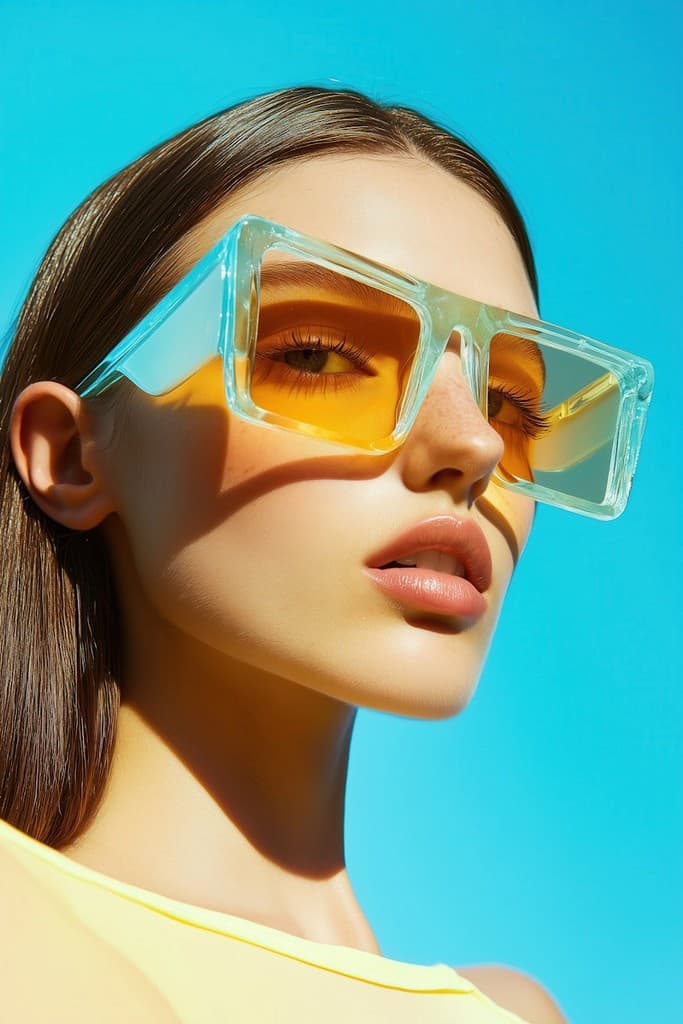 Woman wearing oversized translucent sunglasses against a turquoise backdrop.